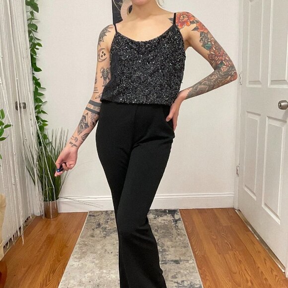 Parker Sleeveless Beaded Bodice Evening Jumpsuit Crepe Pant Size 2 Black - Picture 2 of 6
